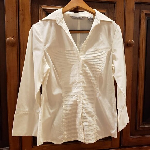 Like NEW Signature by Larry Levine White Tuxedo Blouse Size Small - Picture 1 of 6